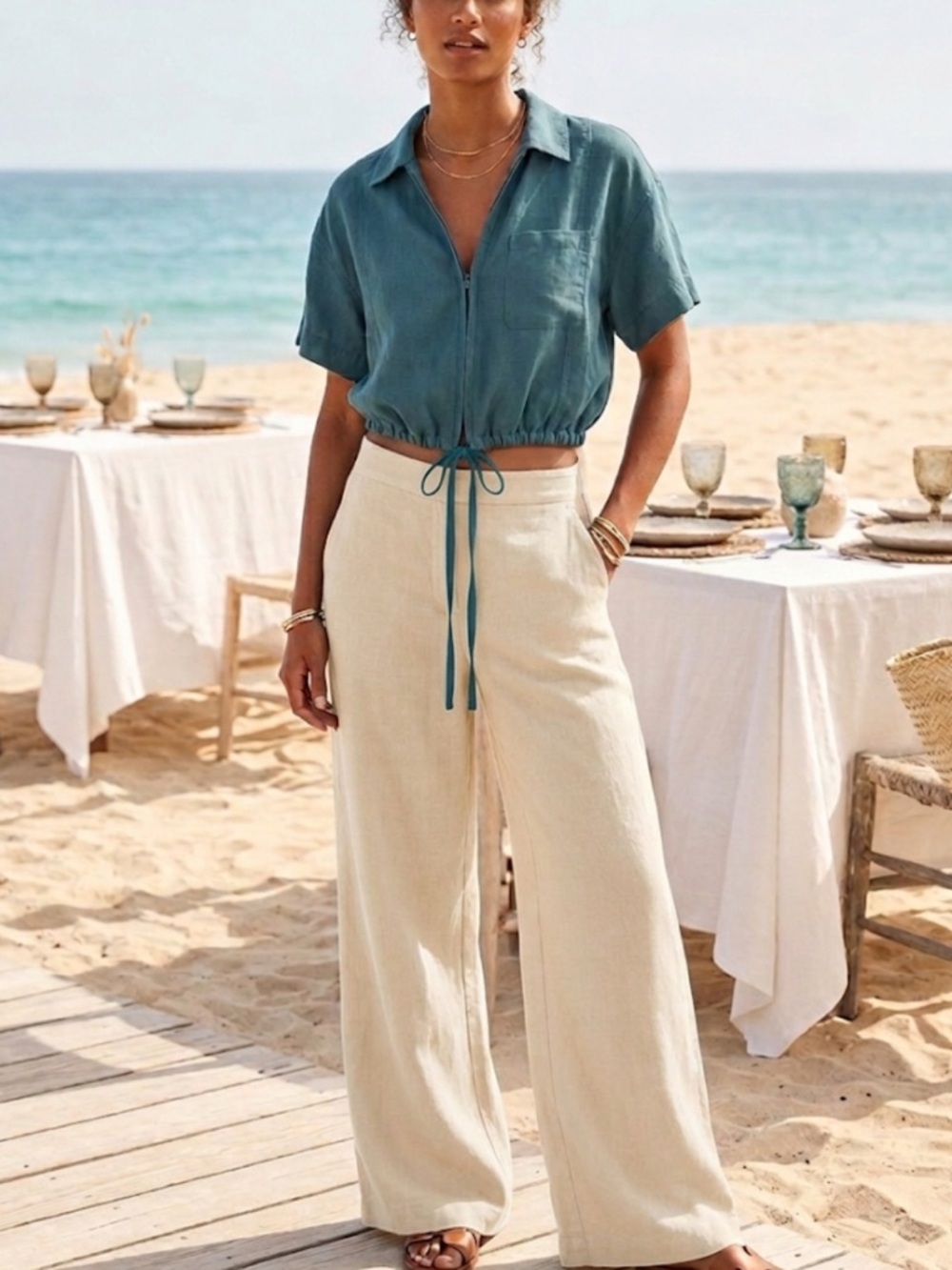 Athleta Top L Teal Blue Playa 100% Linen Tie Waist Short Sleeve Lounge Boho